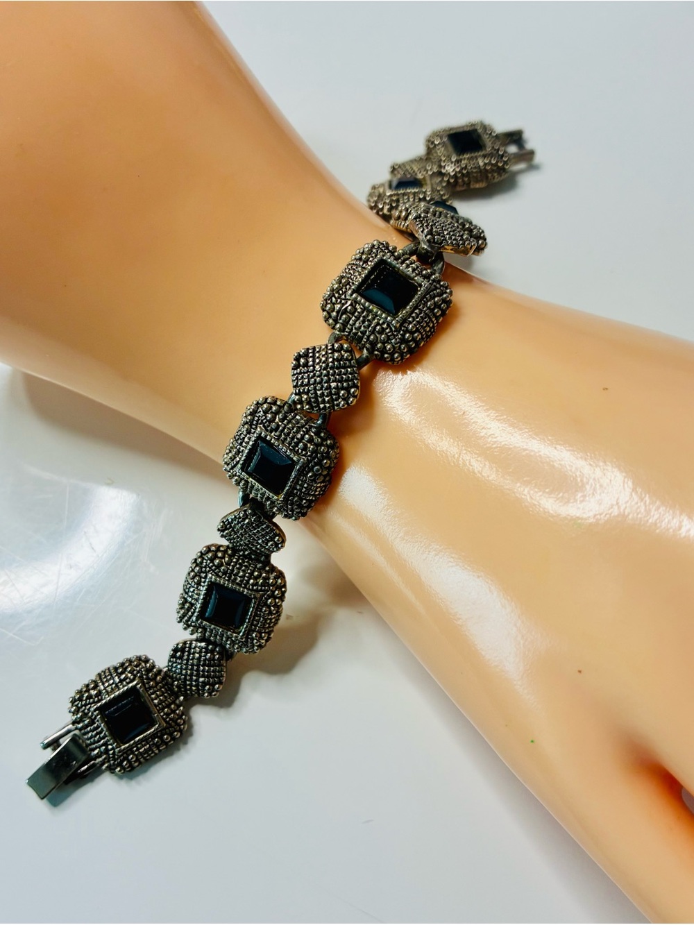 VTG Gothic Black Faux Marcasite Square Link Bracelet